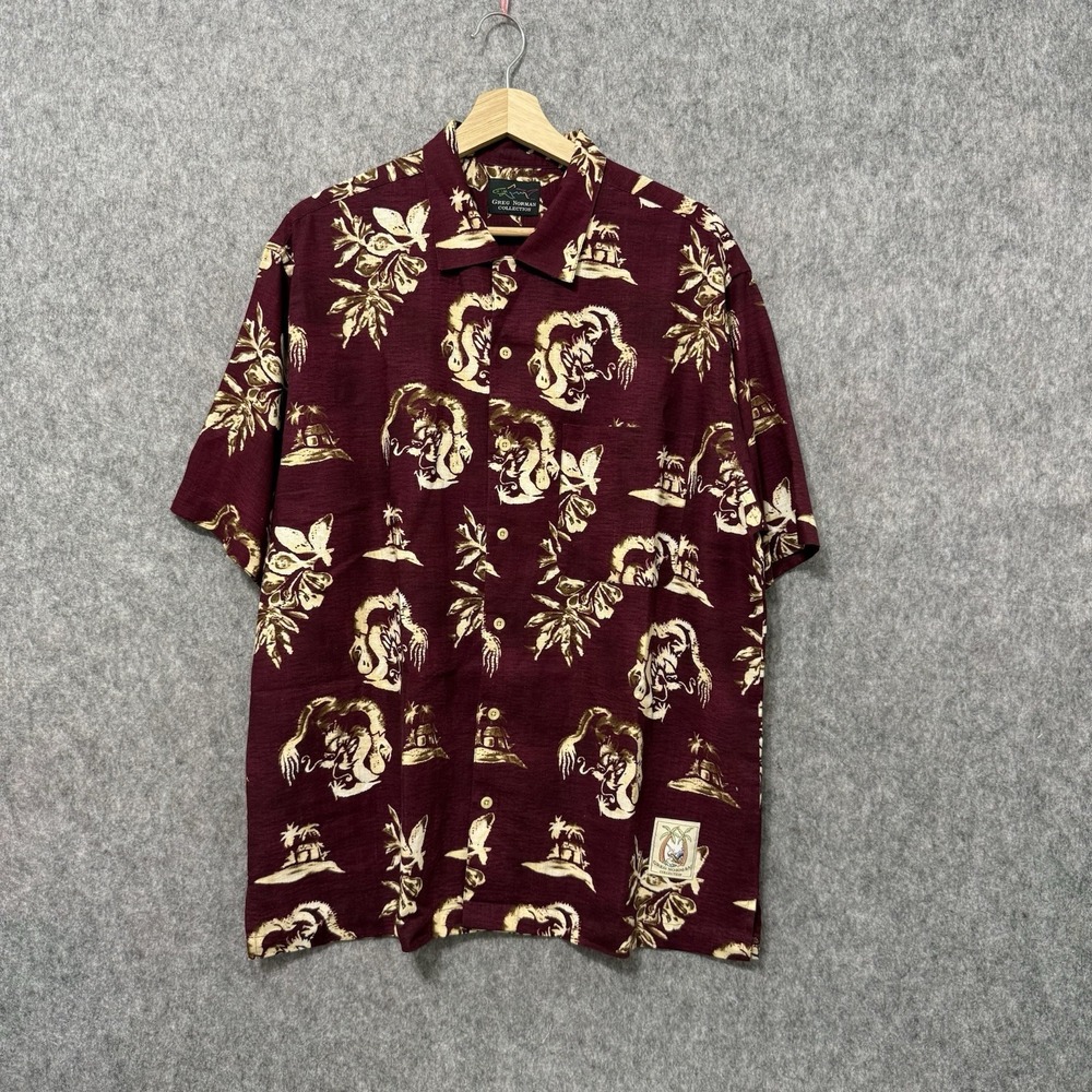 Greg Norman Men's Hawaiian Shirt Maroon Linen Rayon Tropical Golf Sz M